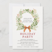 Holiday Party Christmas Watercolor Wreath Red Bow 招待状 (正面)