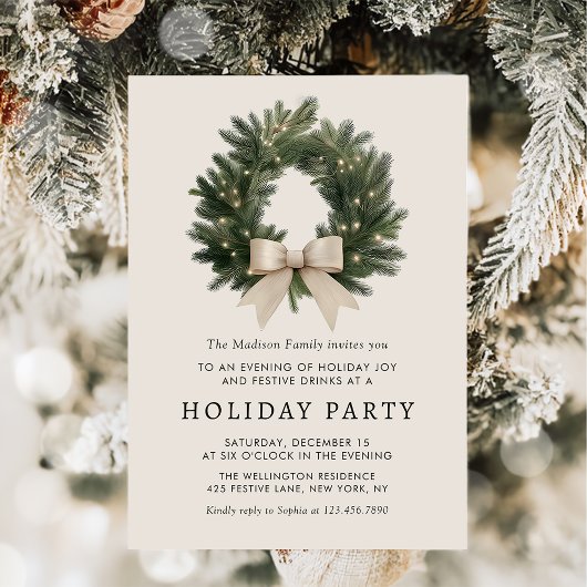 Holiday Party Festive Christmas Wreath Invitation 招待状