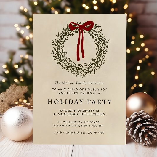 Holiday Party Festive Christmas Wreath Invitation 招待状