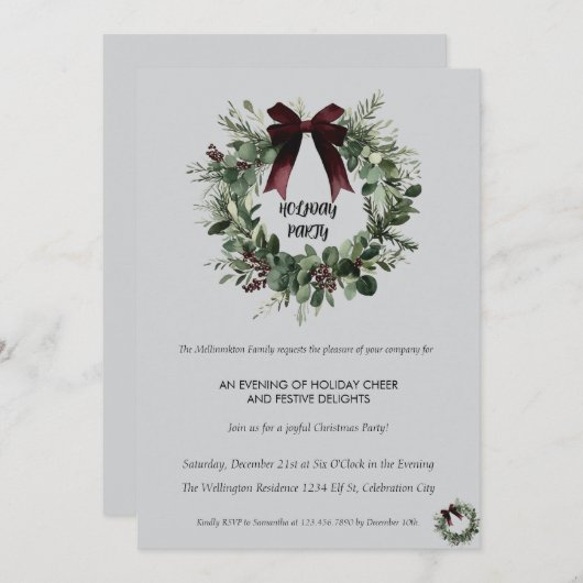Holiday Party Invitation Elegant Christmas Wreath 招待状 (正面/裏面)