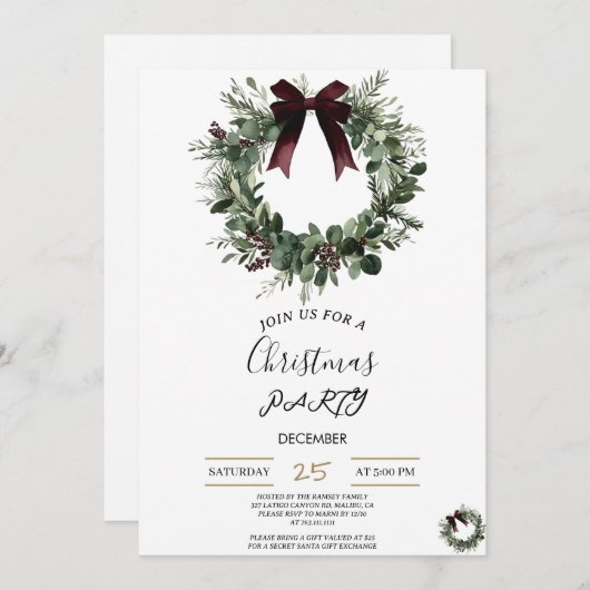 Holiday Party Invitation Elegant Christmas Wreath 招待状 (正面/裏面)