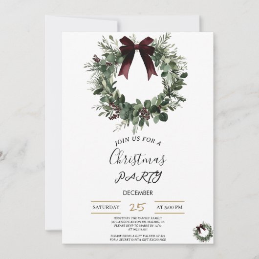 Holiday Party Invitation Elegant Christmas Wreath 招待状 (正面)