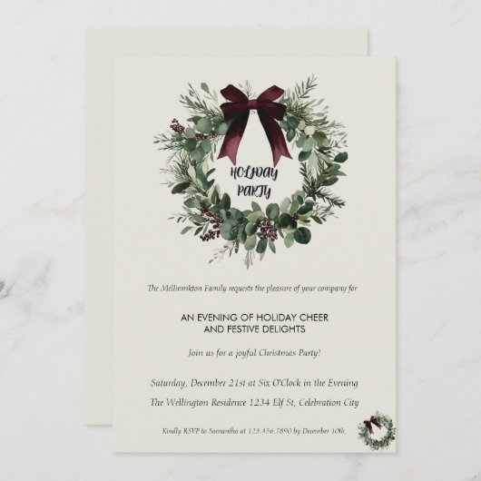 Holiday Party Invitation Elegant Christmas Wreath 招待状 (正面/裏面)