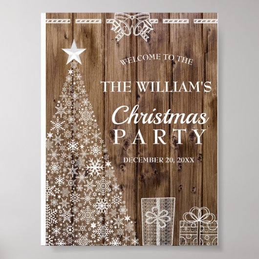 Holiday Party Rustic Wood Christmas Tree Welcome ポスター (正面)
