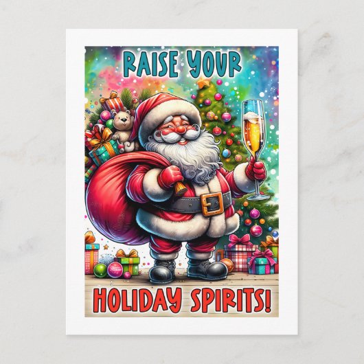 Holiday Party Santa – Champagne, Tree & Teddy Bear ポストカード (正面)