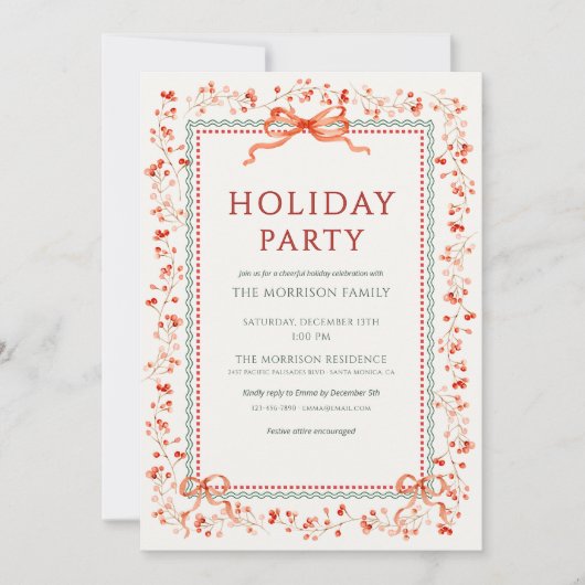 Holiday Party Winter Red Bow Botanical Holiday 招待状 (正面)