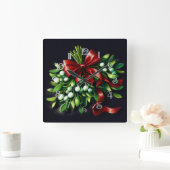 Holiday Pastel Drawing Mistletoe Ribbon スクエア壁時計 (ホーム)