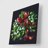 Holiday Pastel Drawing Mistletoe Ribbon スクエア壁時計 (傾斜)