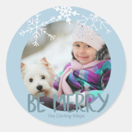 Holiday Photo Be Merry Christmas Blue雪片 ラウンドシール