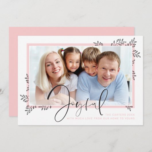 HOLIDAY PHOTO lineアートエレガントの葉ピンクの喜び シーズンカード (正面/裏面)