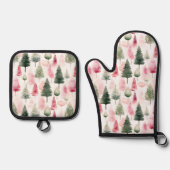 Holiday Pine Trees In Pink And Green Kitchen 鍋つかみ&鍋敷きセット (正面)