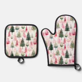 Holiday Pine Trees In Pink And Green Kitchen 鍋つかみ&鍋敷きセット