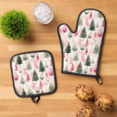 Holiday Pine Trees In Pink And Green Kitchen 鍋つかみ&鍋敷きセット (トップダウン)