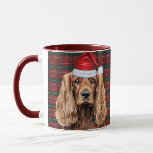Holiday Plaid Cocker Spaniel Christmas Santa Dog マグカップ (左)