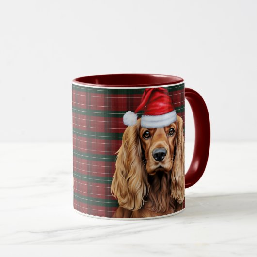 Holiday Plaid Cocker Spaniel Christmas Santa Dog マグカップ (正面右)