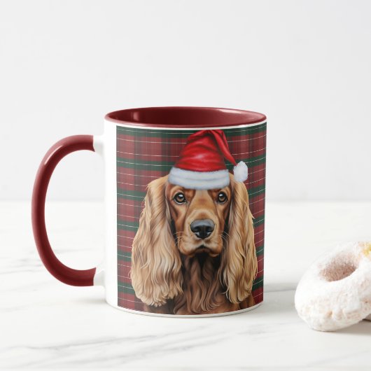 Holiday Plaid Cocker Spaniel Christmas Santa Dog マグカップ (ドーナツ)