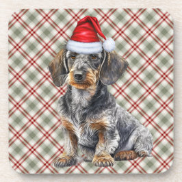 Holiday Plaid Wire Hair Dachshund Santa Dog コースター