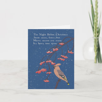 Holiday Poem Hand Illustrated Waxwing Bird in Snow カード
