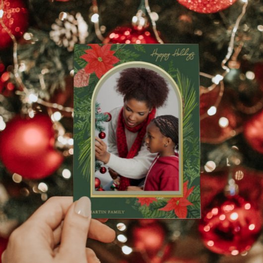 Holiday PoinsettiaとGreeneryの写真 箔シーズンカード
