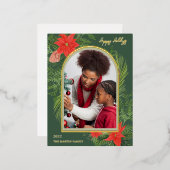 Holiday PoinsettiaとGreeneryの写真 箔シーズンポストカード (正面/裏面)