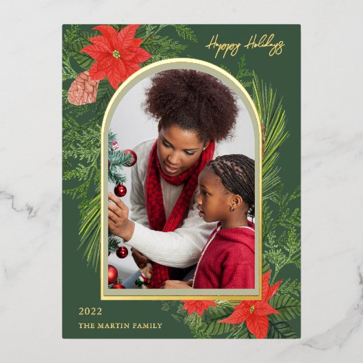 Holiday PoinsettiaとGreeneryの写真 箔シーズンポストカード (正面)