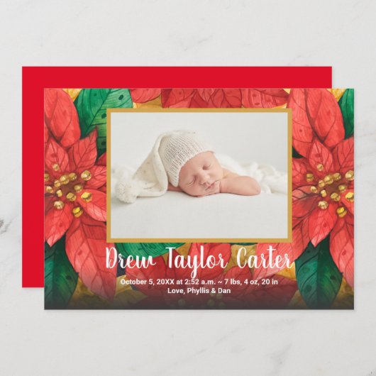 Holiday Poinsettiasベビー写真の誕生発表 (正面/裏面)