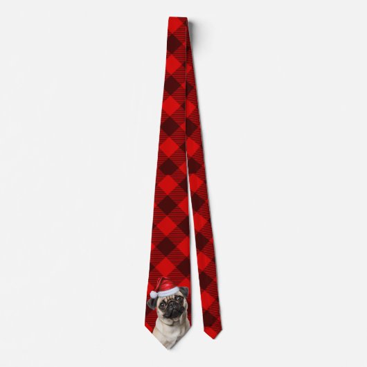 Holiday Pug Dog Red Buffalo Plaid Christmas ネクタイ (正面)