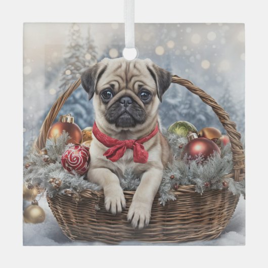 Holiday Pug with Ornaments Cute ガラスオーナメント (正面)