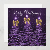 Holiday Purple Christmas Trees Greeting Gold  シーズンカード (正面/裏面)