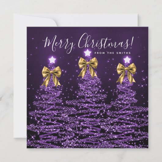 Holiday Purple Christmas Trees Greeting Gold  シーズンカード (正面)