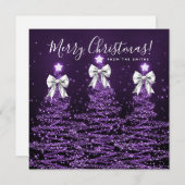 Holiday Purple Christmas Trees Greeting Silver  シーズンカード (正面/裏面)