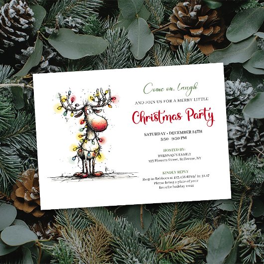 Holiday quirky reindeer Christmas party invite 招待状
