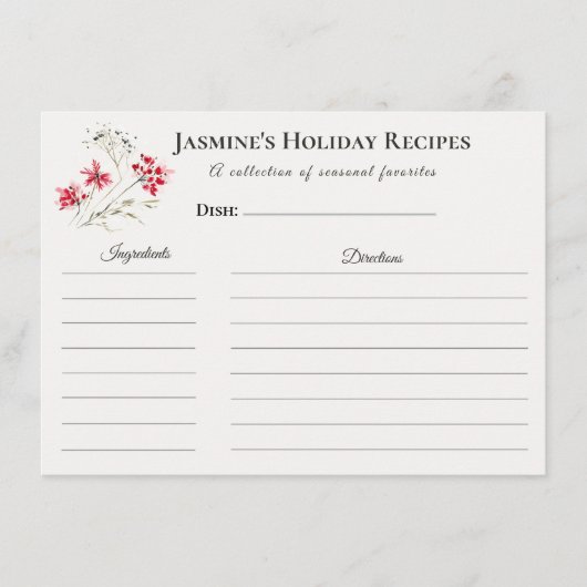 Holiday Recipe Card – Personalized Winter Floral D 案内状 (正面)