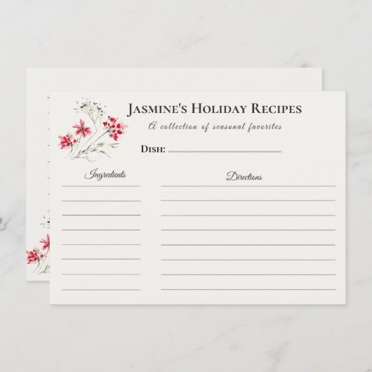 Holiday Recipe Card – Personalized Winter Floral D 案内状 (正面/裏面)