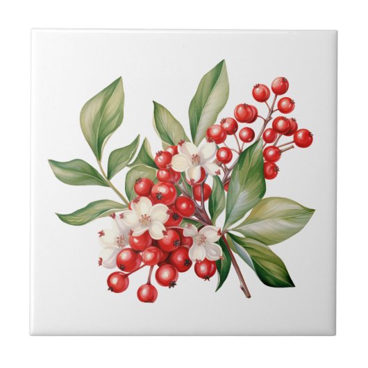 Holiday Red Berries Floral Ceramic Tile タイル (正面)