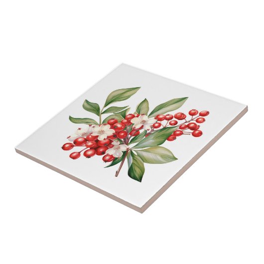 Holiday Red Berries Floral Ceramic Tile タイル (側面)