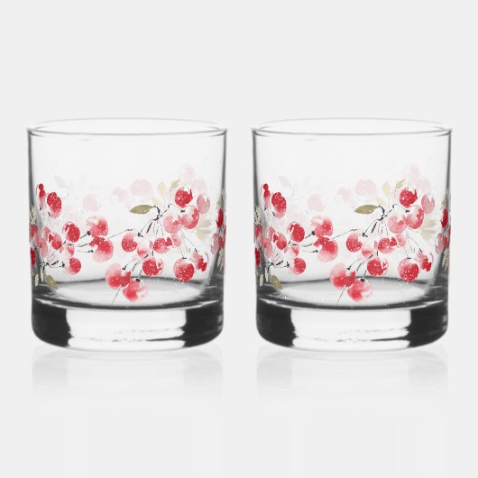 Holiday Red Berry Watercolor | Christmas Drinkware ウイスキーグラス (正面)