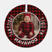 Holiday Red & Black Plaid First Christmas Custom ガラスオーナメント (裏面)