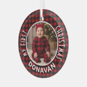 Holiday Red & Black Plaid First Christmas Custom ガラスオーナメント (正面左)