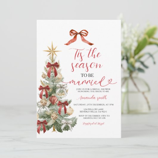 Holiday Red Bow Christmas Tree Couple Wedding 招待状 (スタンド正面)