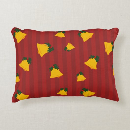 Holiday Red Gold Stripe Bells Christmas アクセントクッション (正面)