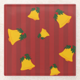 Holiday Red Gold Stripe Bells Christmas ガラスコースター