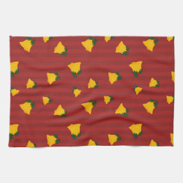 Holiday Red Gold Stripe Bells Christmas キッチンタオル