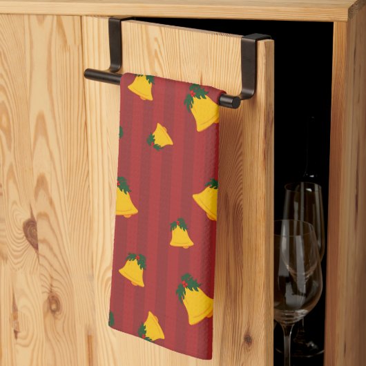 Holiday Red Gold Stripe Bells Christmas キッチンタオル (三つ折り)