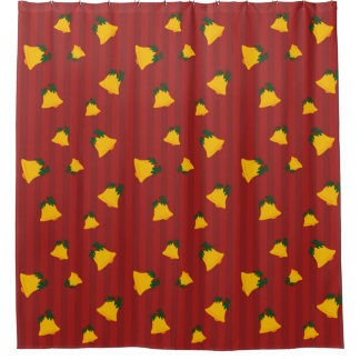 Holiday Red Gold Stripe Bells Christmas シャワーカーテン