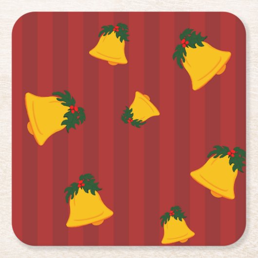 Holiday Red Gold Stripe Bells Christmas スクエアペーパーコースター (正面)