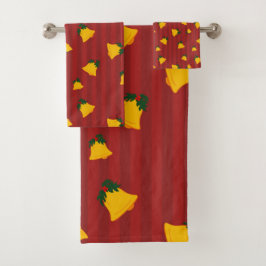 Holiday Red Gold Stripe Bells Christmas バスタオルセット