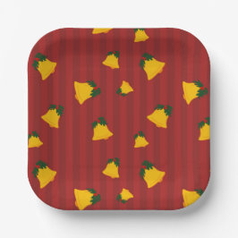 Holiday Red Gold Stripe Bells Christmas ペーパープレート