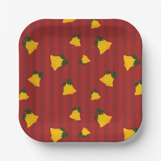 Holiday Red Gold Stripe Bells Christmas ペーパープレート (正面)