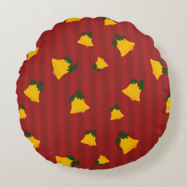 Holiday Red Gold Stripe Bells Christmas ラウンドクッション